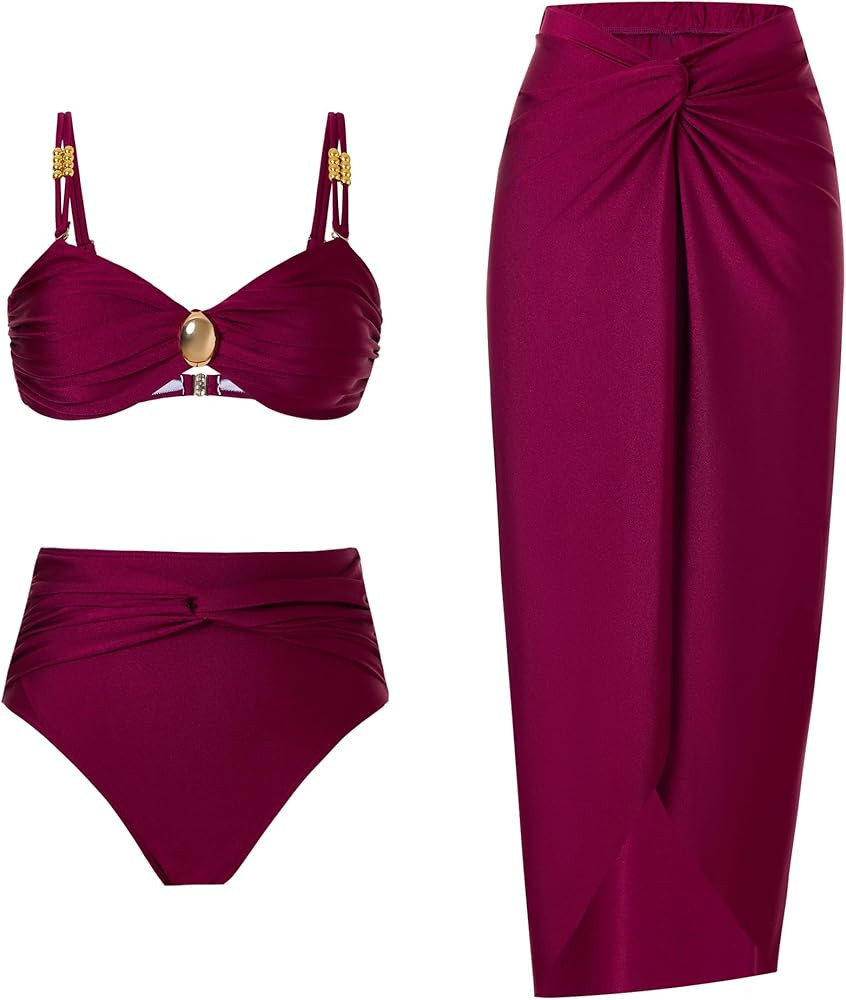 Women's One Piece Swimsuit with Cover up Set Beach Wrap Skirt Retro Bikini Set Two Piece Bathing ... | Amazon (US)