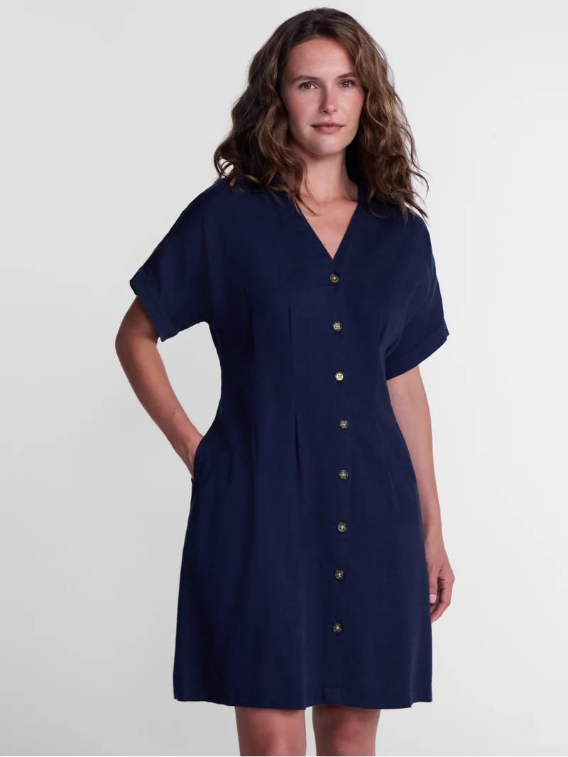 Time and Tru Women's Linen Blend Pleated Mini Shirtdress with Short Sleeves, Sizes XS-XXXL | Walmart (US)