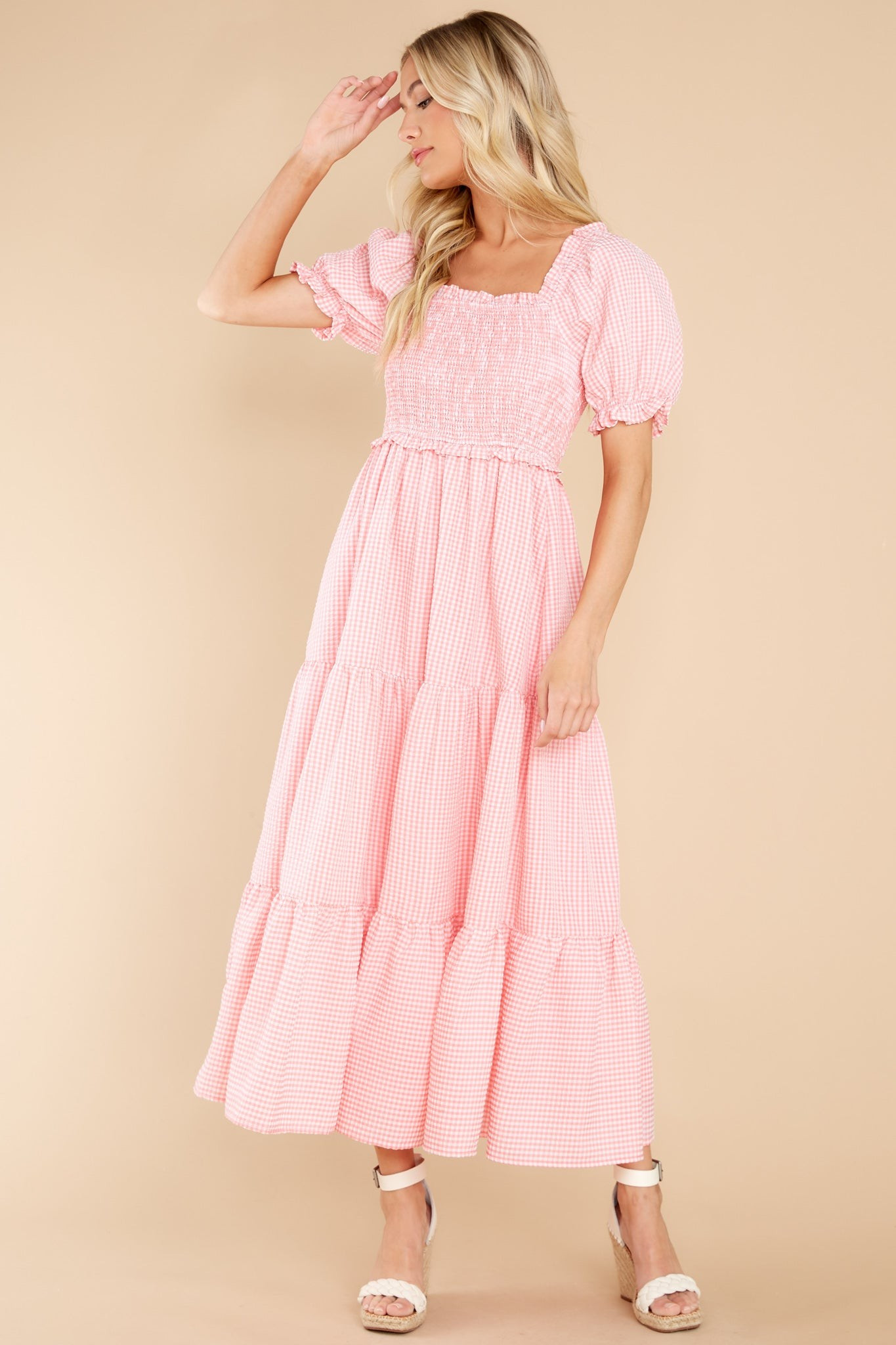 Acts Of Kindness Coral Pink Gingham Midi Dress | Red Dress 