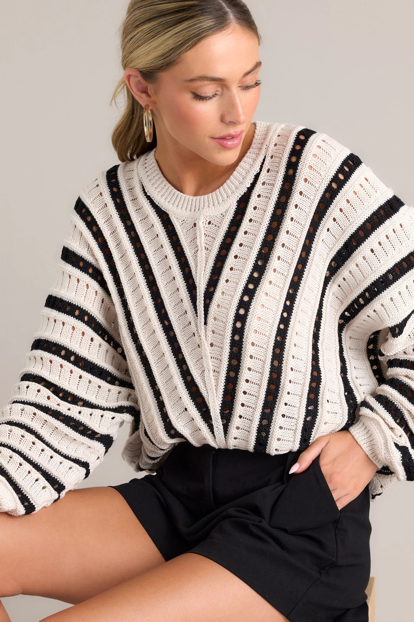 Speak Now Black & Ecru Stripe Open Knit Sweater | Red Dress
