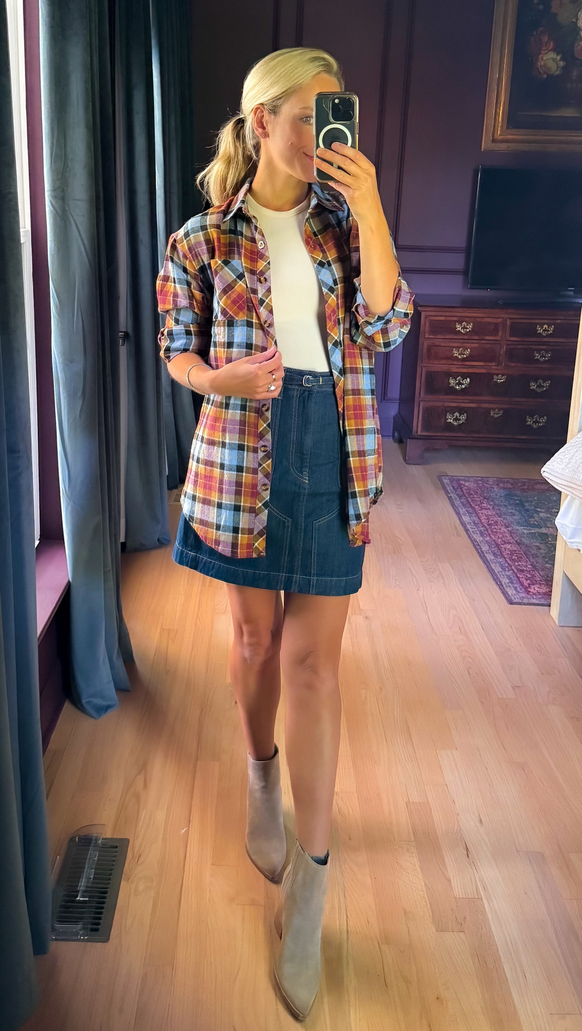 Amazon fall outfit plaid shirt button down jean skirt denim skirt casual outfit nuuds rib top tshirt boots booties