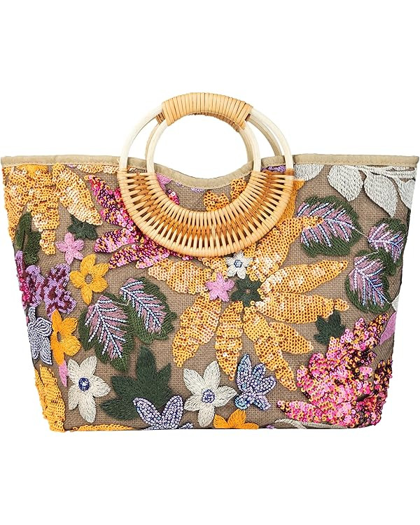 Rattan Wood Handle Sequin Embroidered Floral Beach Bag Tote for Vacation and Wedding Party | Amazon (US)