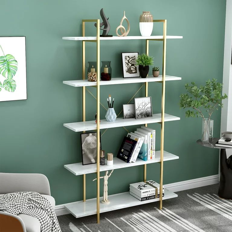 IOTXY 5-Tier Floorstanding Open Shelf Bookcase Bookshelf with Gold Metal Frame and White Marble G... | Walmart (US)