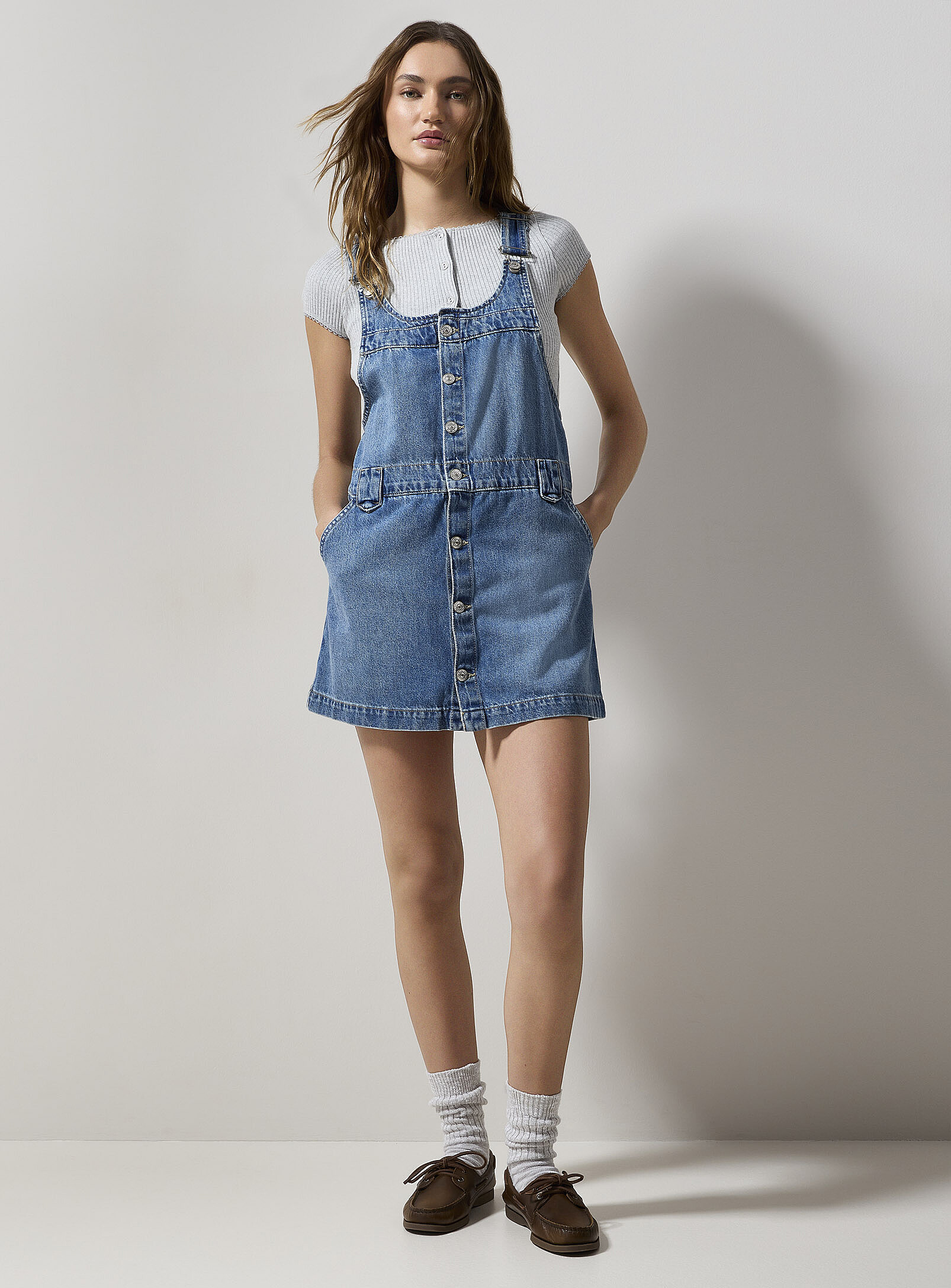 Free People - Edie denim overalls mini-dress (Women, Blue, LARGE) | Simons