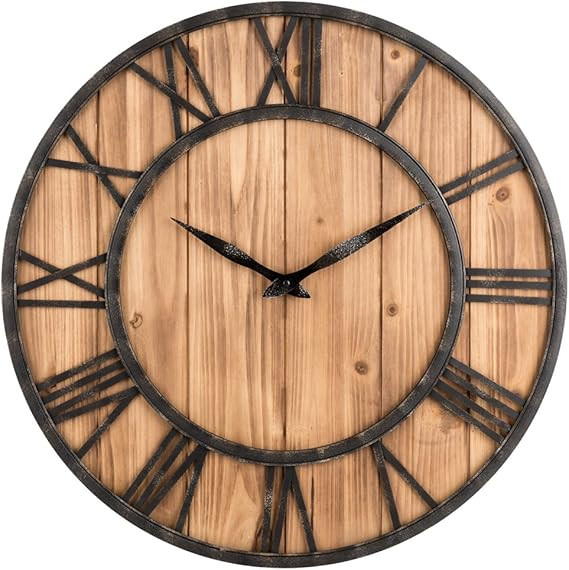 Oldtown Farmhouse Metal & Solid Wood Noiseless Wall Clock (Wood, 24-inch) | Amazon (US)
