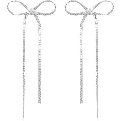 Gold Silver Bow Drop Earrings for Women Long Tassel Chain Bow Earrings Silver Bow A 3.5x1.8 | Target