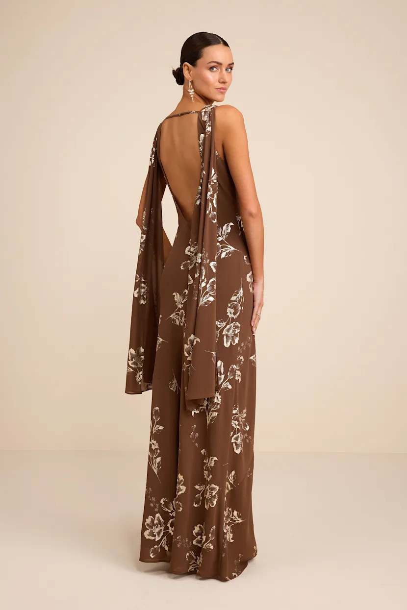 Sidonia Brown and Gold Floral Cowl Sash Maxi Dress | Lulus