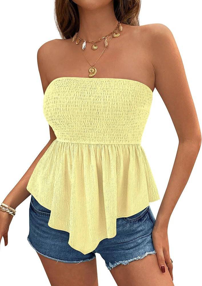 PRETTYGARDEN Women's Strapless Smocked Tube Tops Summer 2026 Trendy Flowy Peplum Bandeau Shirts G... | Amazon (US)