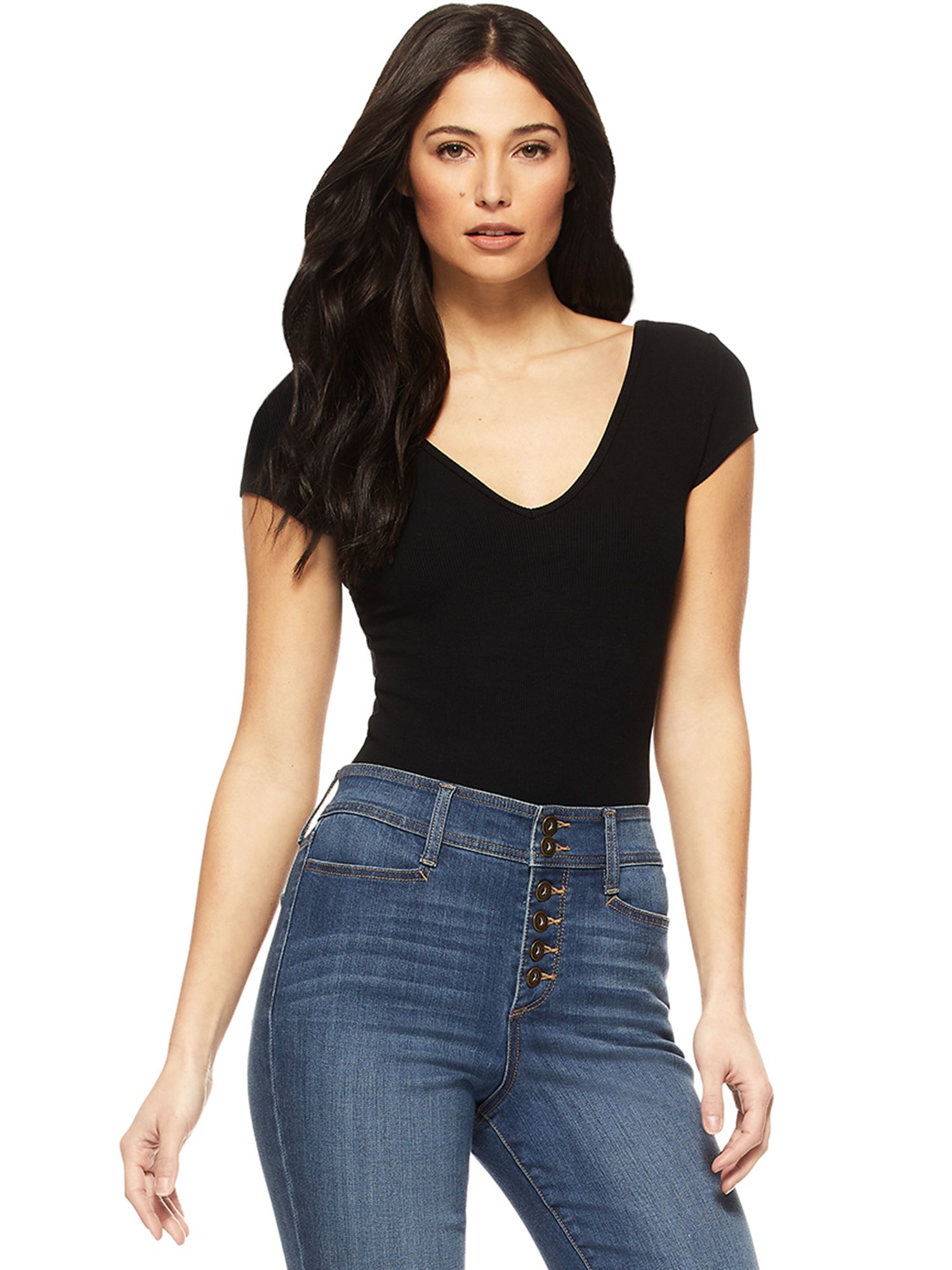 Sofia Jeans by Sofia Vergara Women’s Cap Sleeve Double V Ribbed Knit Bodysuit | Walmart (US)
