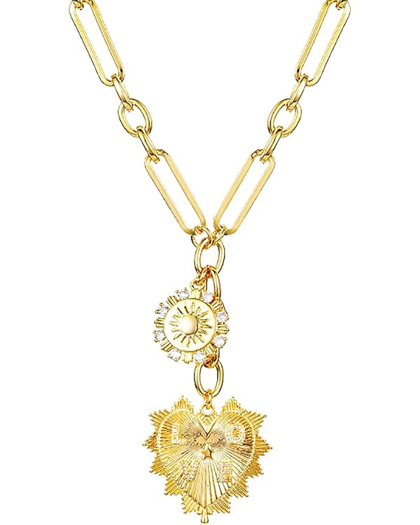 Sun Heart Charm Choker Necklace for Women Men,18k Gold Plated With Zircons Inlaid Pendants,Thick ... | Amazon (US)