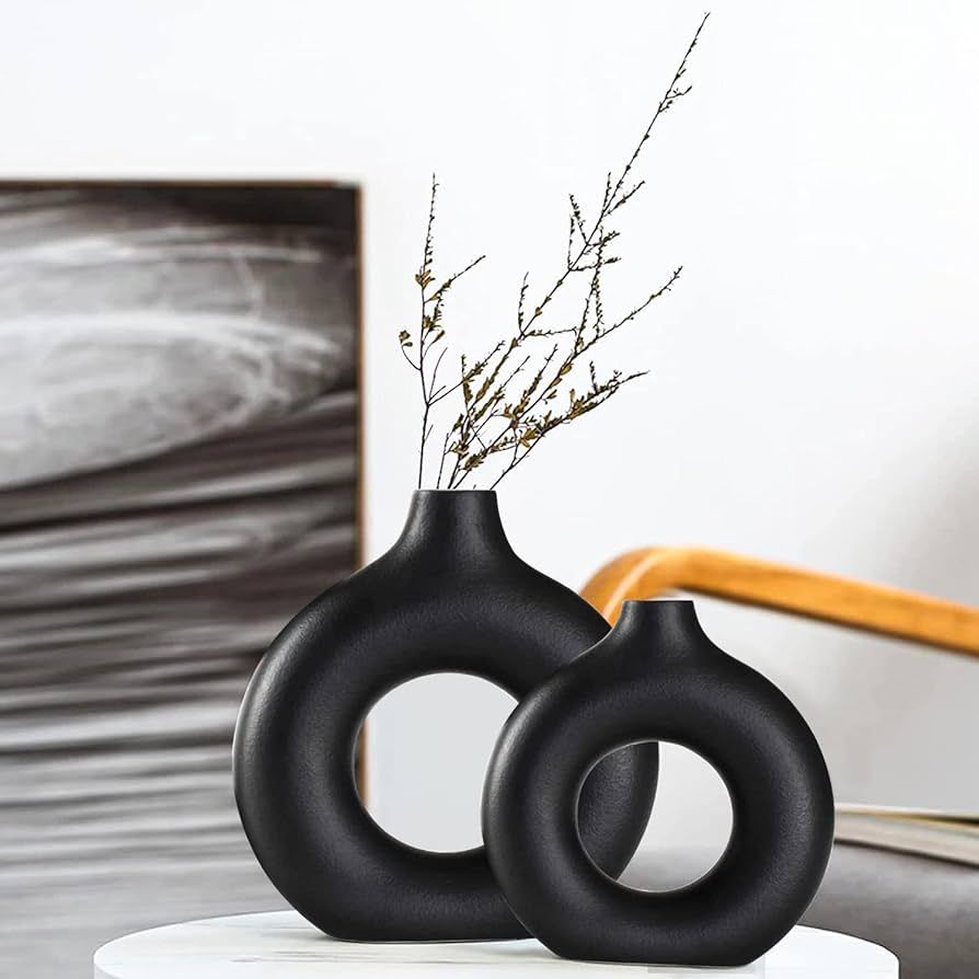 Black Ceramic Vase Set 2 for Modern Boho Decor,Round Matte Pampas Flower Vases Minimalist Nordic ... | Amazon (US)