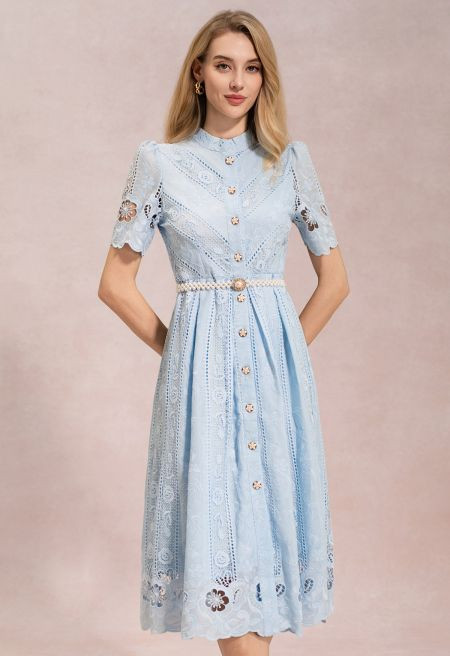 Floral Cutwork Embroidery Pearl Belt Midi Dress in Blue for Coastal Getaways & Beachside Dinners | Chicwish