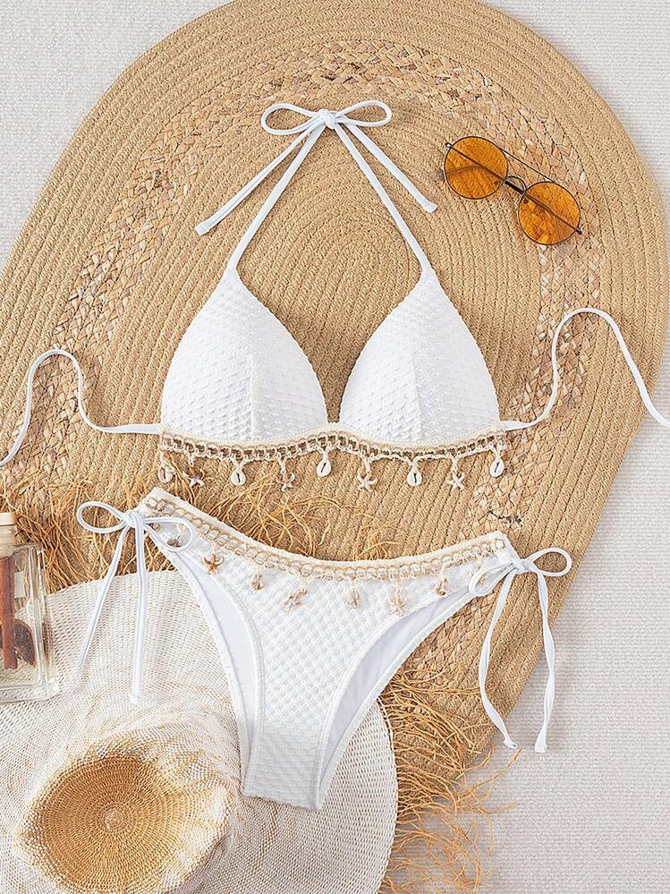 Swim Vcay Springbreak Solid Textured Fabric Shell Lanyard Decoration Halter Bikini Top & Tie-Up Triangle Bottoms, Summer Beach Party Women Bikini Set | SHEIN