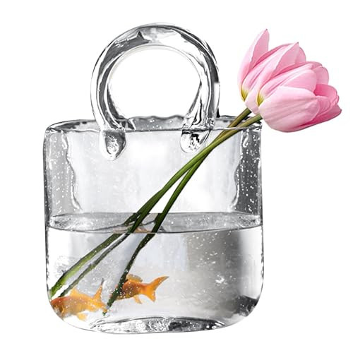 Glass Purse Vase for Flowers,Hand Blown Clear Vase with Bubbles in It,Bag Glass Vase with Handles,Multifunction Clear Glass Vase,Unique Fish Tank for Centerpieces Living Room Office (Transparent) | Amazon (US)