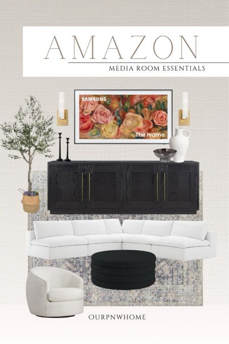 Amazon home favorites for the media room!

Frame TV, television, wall sconces, gold sconces, faux olive tree, media cabinet, black cabinet, navy area rug, white sectional, sofa, couch, black boucle ottoman, large ottoman, accent chair, armchair, living room furniture, white vase, jug vase, black bowl, decorative bowl, black candlesticks, cozy room

#LTKstyletip #LTKhome