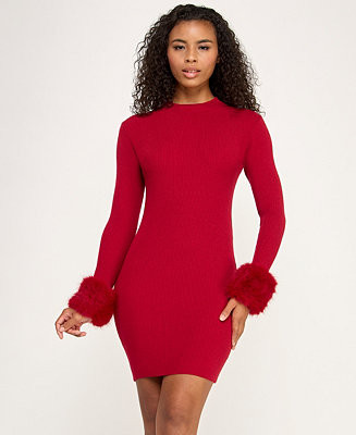 BCX Juniors' Long Sleeve Mock Neck Slim Sweater Dress w/ Attached Fur Cuff - Macy's | Macy's