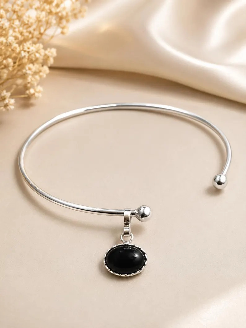 Sterling Silver Black Onyx Pendant Choker Necklace, Minimalist Open Collar Handmade Jewelry | Etsy (Global)