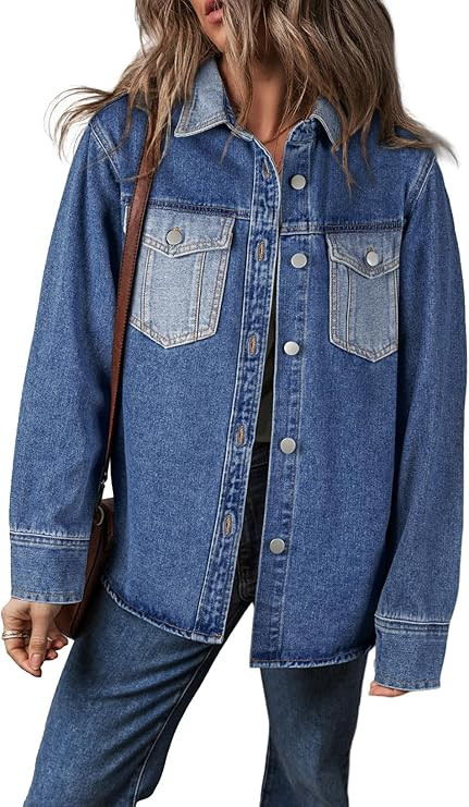 Sidefeel Women's Jean Jacket Oversized Boyfriend Shacket Button Down Long Sleeve Trendy Tonal Was... | Amazon (US)
