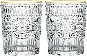 MOLADRI 10.5oz Drinking Glasses, Gold Rim Ribbed Vintage Water Glasses Glasswear Cups, Cute Tumbl... | Amazon (US)
