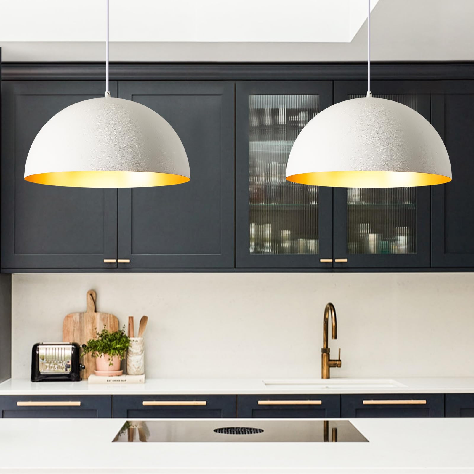 Dome Pendant Light Fixtures,16 Inches White and Gold Hemispheric Pendant Lighting, Modern Adjustable Hanging Ceiling Light Chandelier for Kitchen Island Living Room Dining Bedroom Cafe, 2 Pack | Amazon (US)