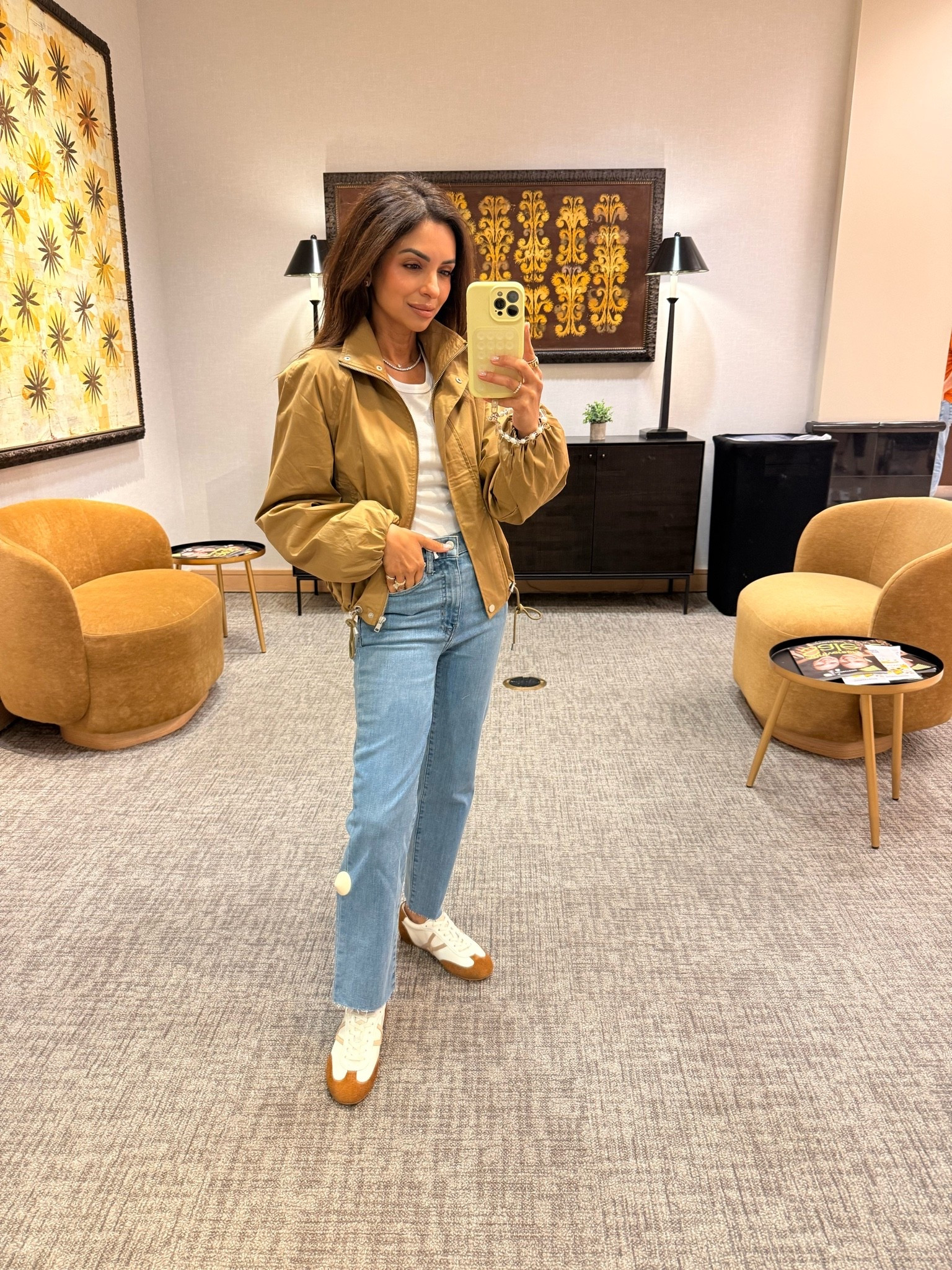 Loved the color of this Rails jacket! I’m wearing an XS in both the jacket and t-shirt and a 24 in the jeans.