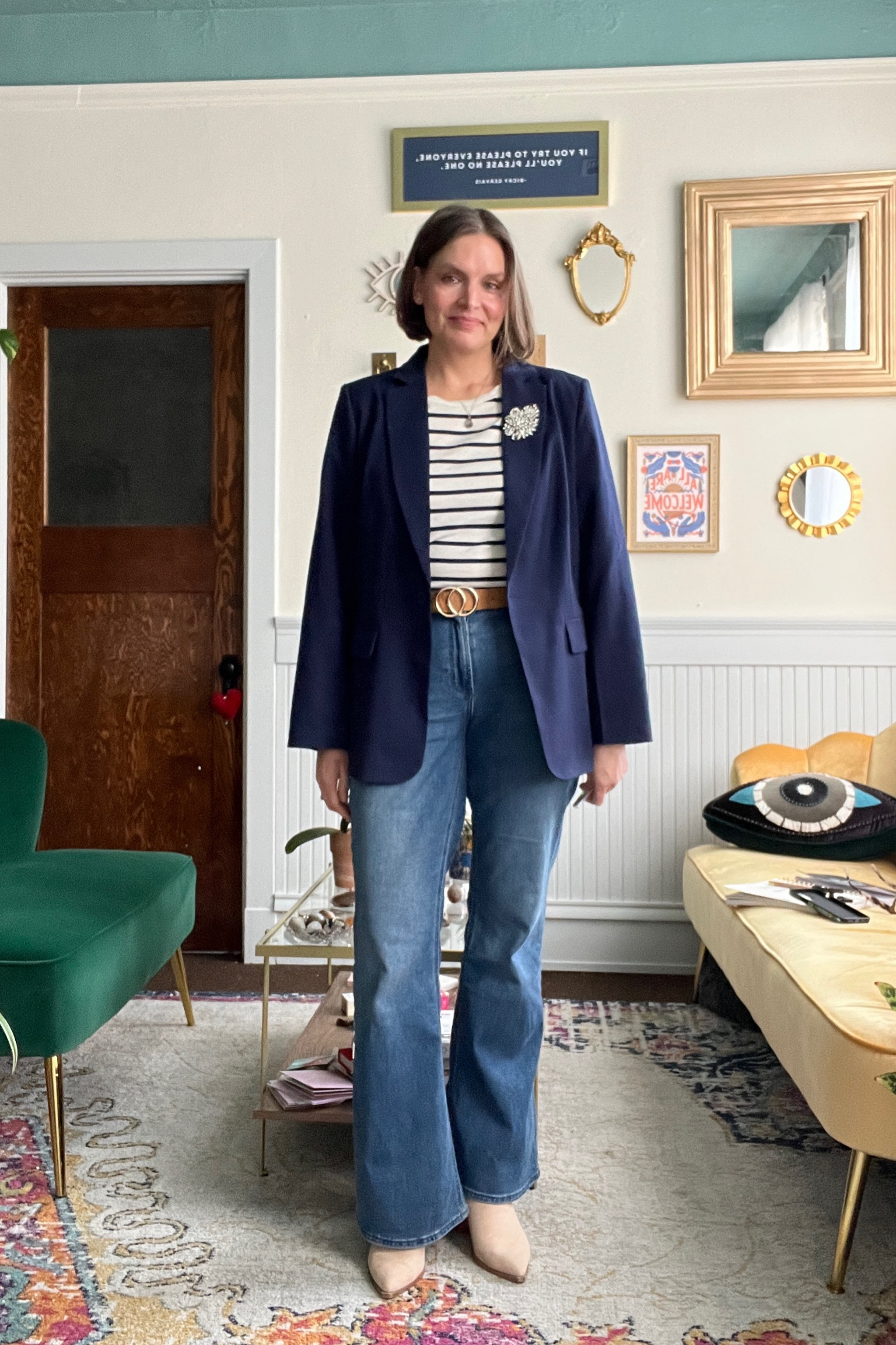 Capsule code: blazer + striped tee + medium denim jeans + boots 

#LTKstyletip #LTKmidsize #LTKover40