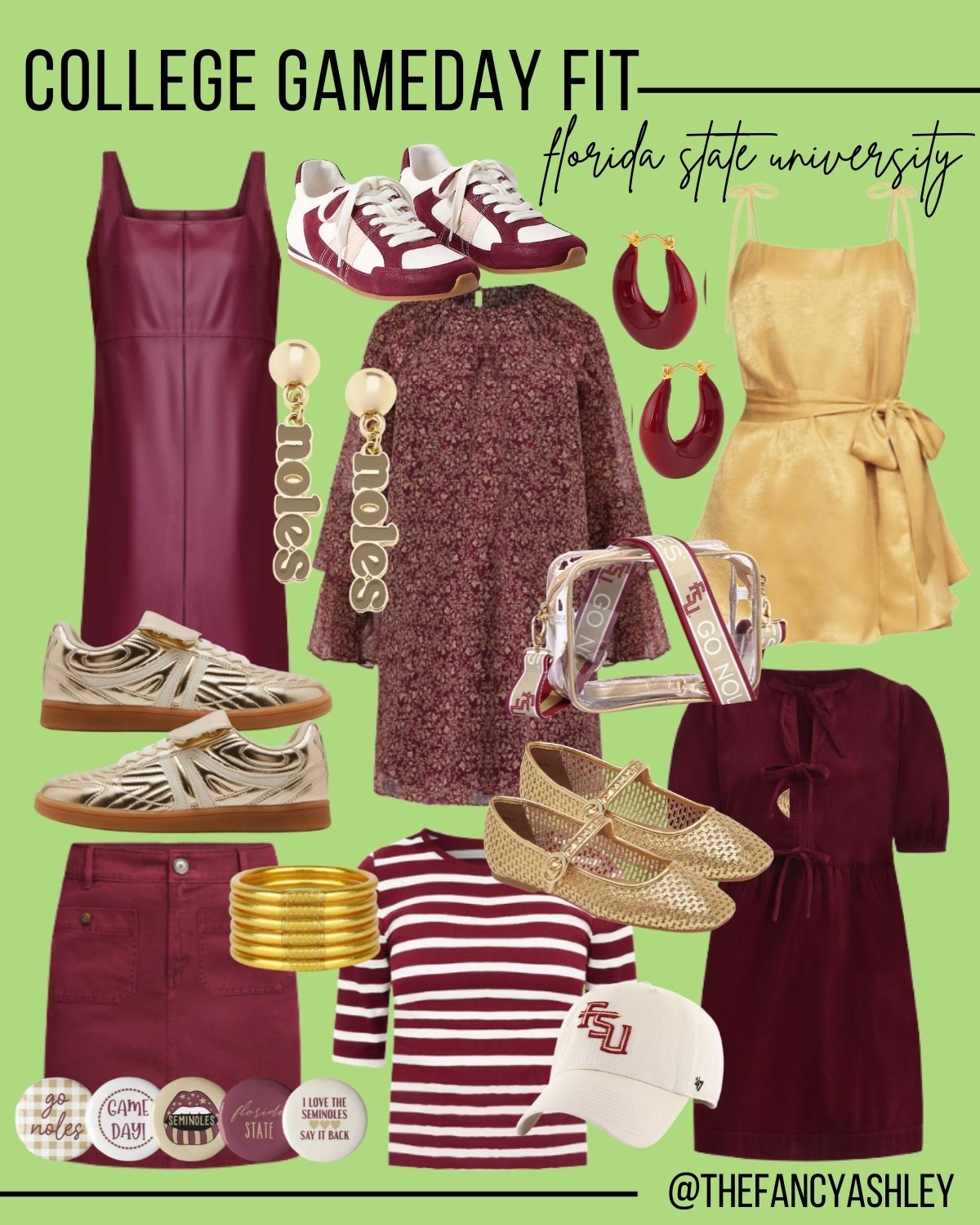 Cheer on the Seminoles with these fab gameday fits! So good for showing your Florida State University pride. Cute dresses, mini skirts, tops, gold rompers, the cutest sneakers, and accessories to complete your look. Go Noles! Time to show that Seminole spirit! #seminoles #gonoles #garnetamdgold #fsu #collegegamedaystyle

#LTKU #LTKParties #LTKStyleTip