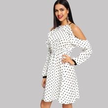 Open Shoulder Ruffle Dot Dress | SHEIN