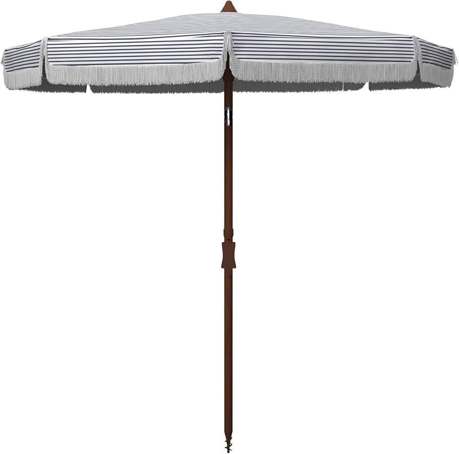 SAFAVIEH 6.5ft Outdoor Patio Umbrella, Round, Copen Collection, White & Navy Stripe, Fringe Trim,... | Amazon (US)