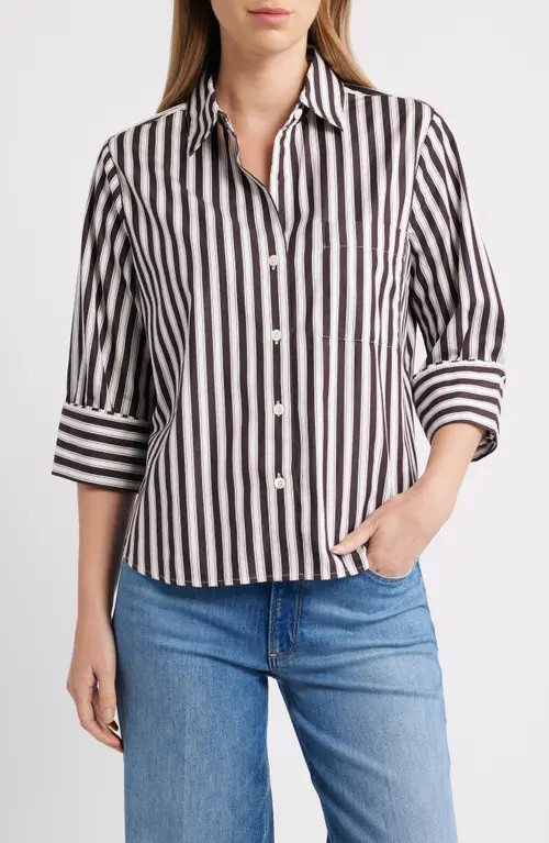 Madewell Easy Y-Neck Poplin Button-Up Shirt in Purple Black And White Stripe at Nordstrom, Size X-Large | Nordstrom