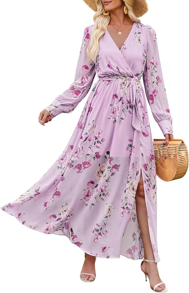 ANRABESS Women’s Long Sleeve Floral Maxi Dress Boho Flowy Wrap Slit V Neck Beach Fall Wedding G... | Amazon (US)