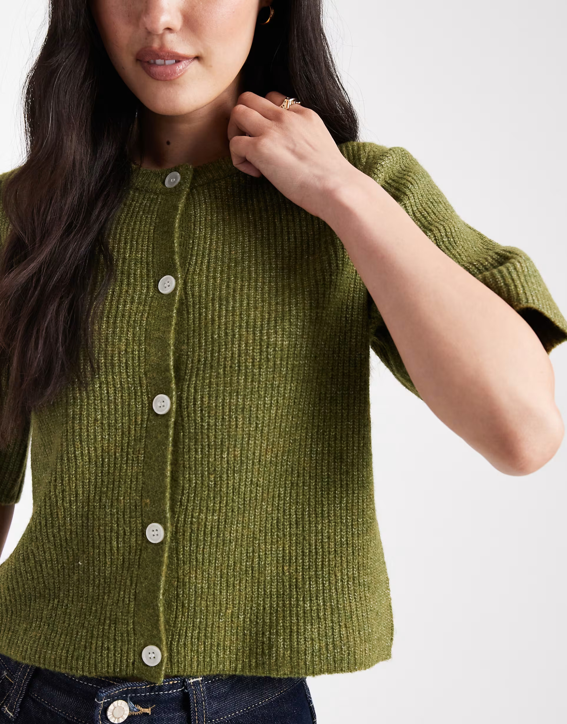 Pieces soft knit short sleeve cardigan in dark green | ASOS (Global)