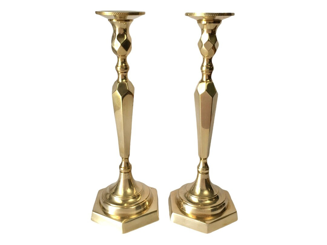 Vintage Pair of 9.5 Faceted Brass Candlestick Holders Hexagonal Base Gold Metal Candlesticks - Et... | Etsy (US)