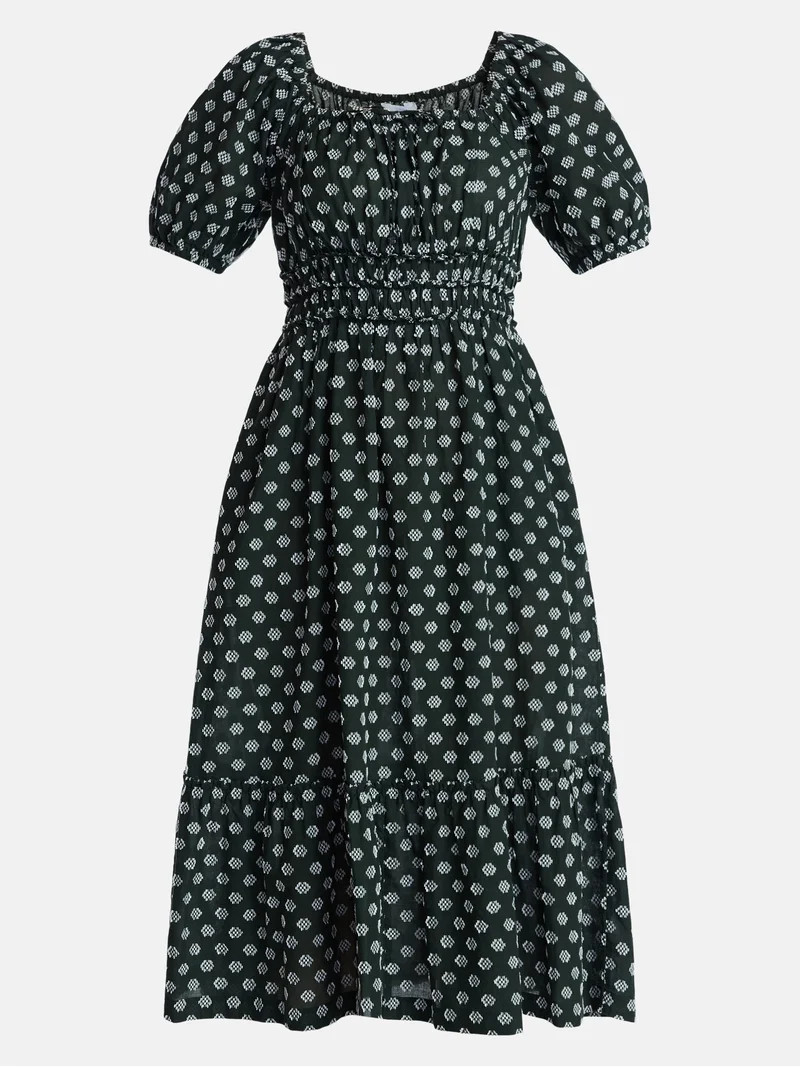Time and Tru Women's Puff Sleeve Square Neck Midi Dress, Sizes XS-XXXL | Walmart (US)