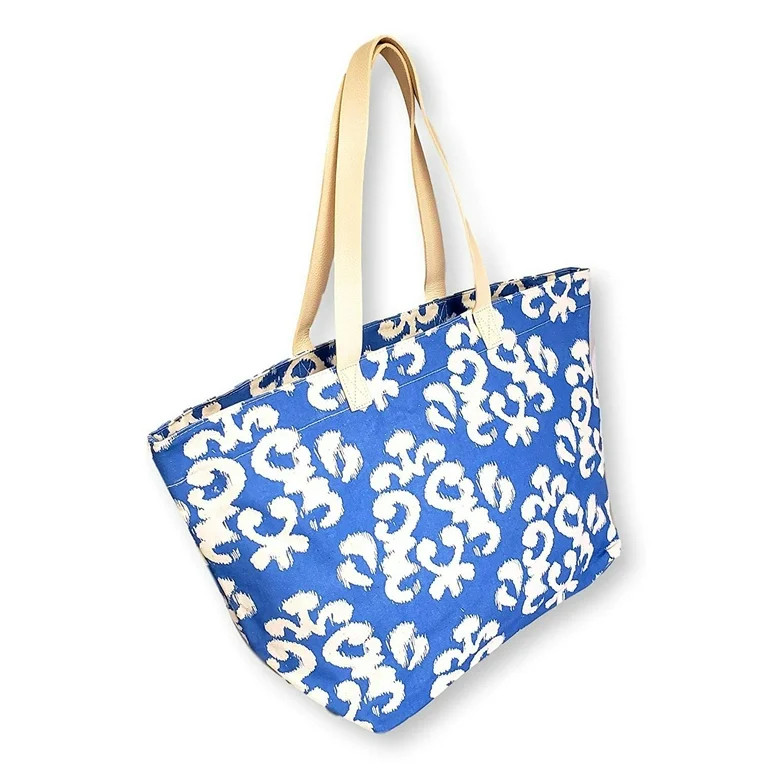 X Large Canvas Blue Damask Print Beach Bag Travel Tote for Women | Walmart (US)