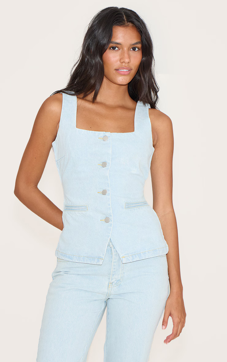 Light Blue Tie Back Denim Top | PrettyLittleThing US