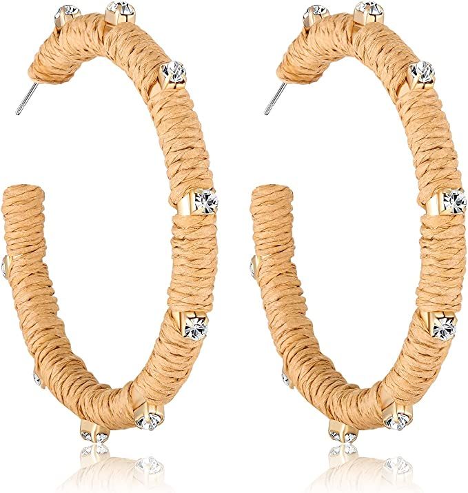 Rattan Earrings for Women Boho Statement Rhinestone Rattan Big Hoop Earrings Handmade Raffia Wove... | Amazon (US)
