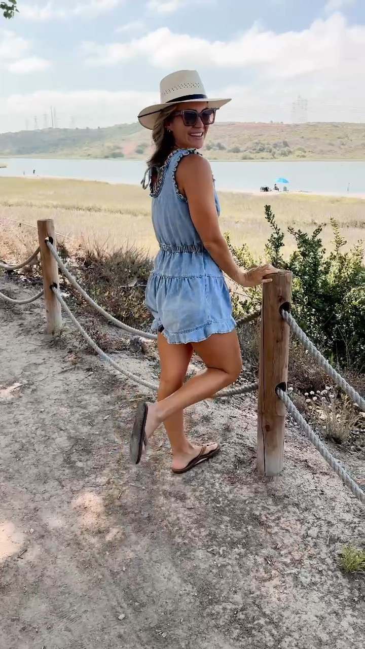 Denim romper 
Ruffle romper 
American hat makers 
Straw hat 
Mom style 

#LTKTravel #LTKautumn #LTKStyleTip