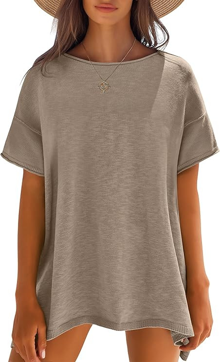 Caracilia Women Summer Lightweight Sweater Top Oversized Short Sleeve Drop Shoulder Seams Outside... | Amazon (US)