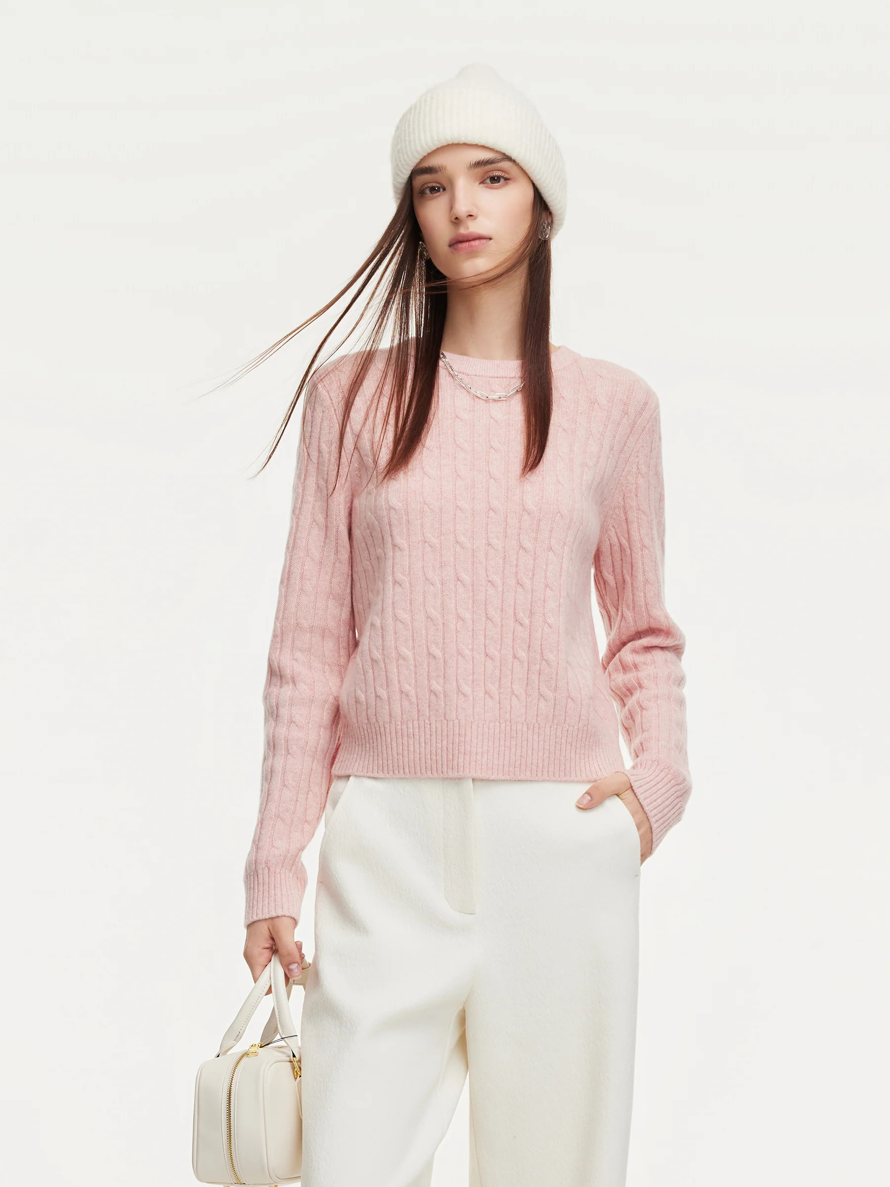 100% Wool Cable Knit Women Sweater - Light Melange Pink / L | GOELIA