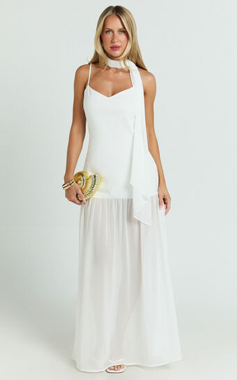 Calvin Maxi Dress - Linen Look Contrast Georgette Skirt with Neck Scarf in White | Showpo (US, UK & Europe)