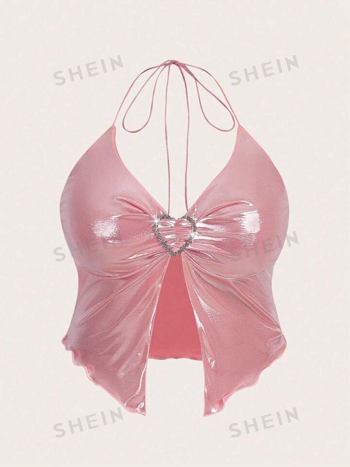 SHEIN ICON Plus Heart Ring Detail Backless Halter Top | SHEIN