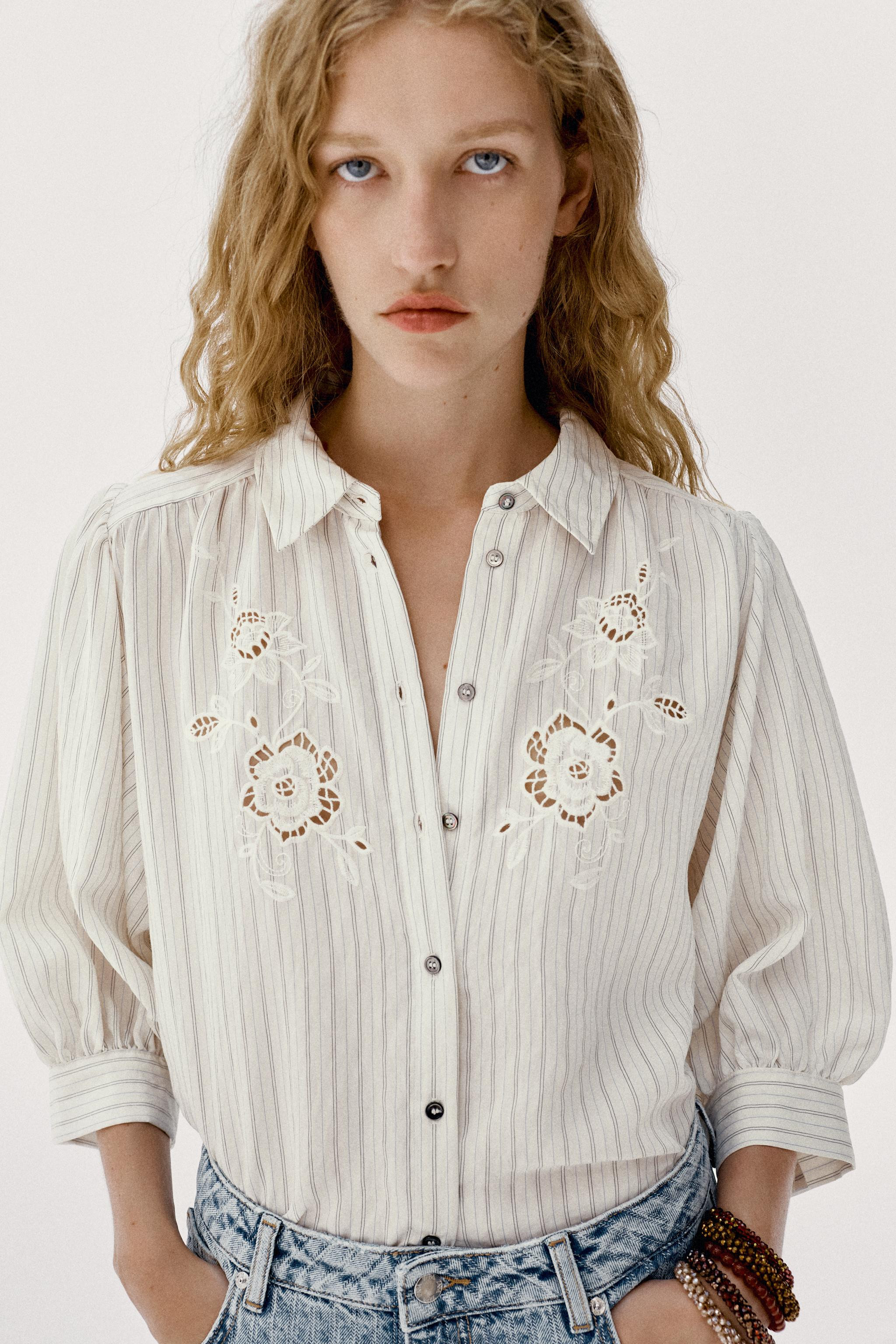 STRIPED EYELET EMBROIDERY SHIRT | Zara US