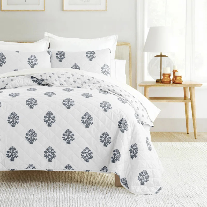 Quilt Set - Lightweight - All Season Quilted Coverlet -Stamped Bloom Dusk Blue | Wayfair North America