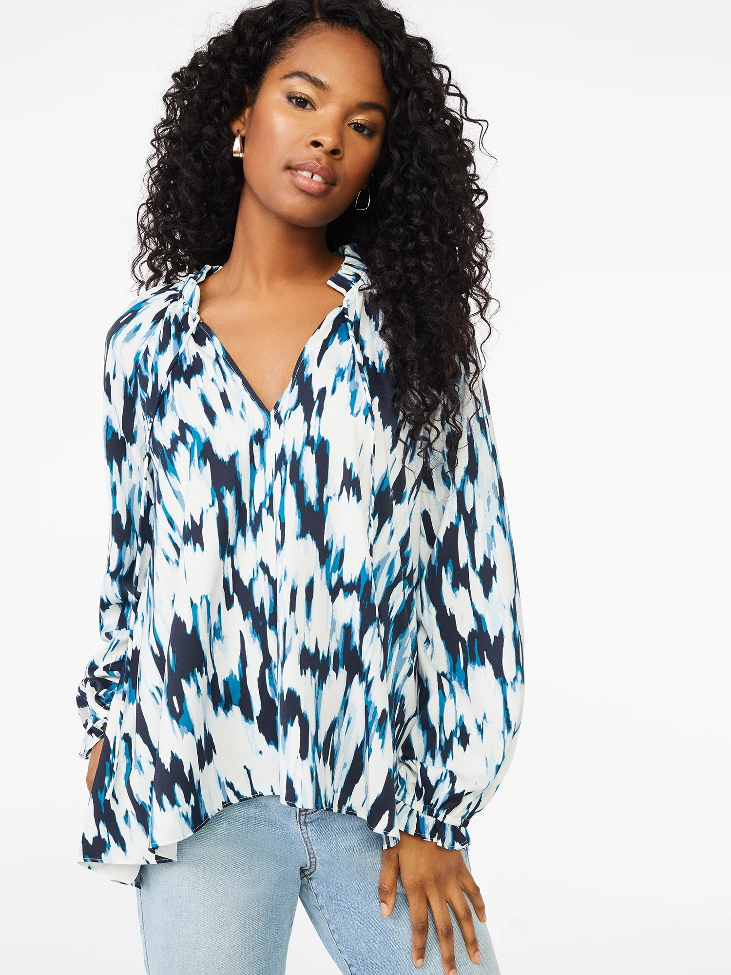 Scoop Women’s Woven Split Neck Top with Tie Neck | Walmart (US)