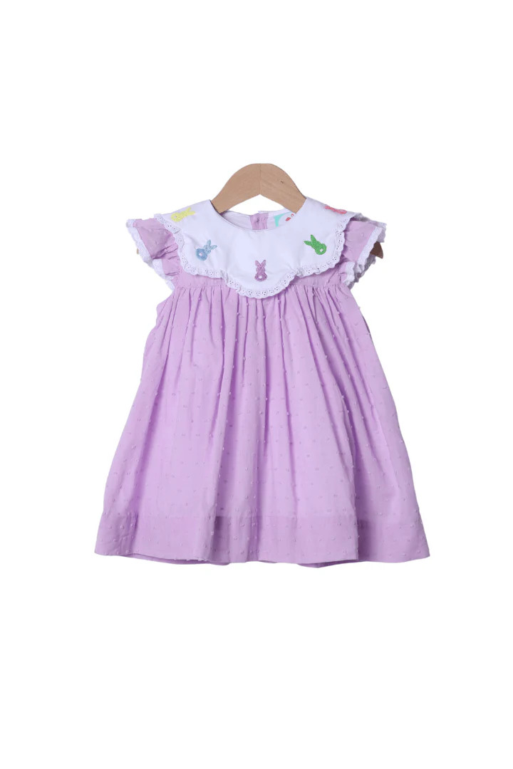 Hand Embroidered Peeps Lavender Swiss Dot Dress | The Smocked Flamingo