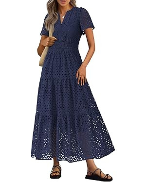 PRETTYGARDEN Womens 2025 Summer Maxi Dress Short Sleeve V Neck Hollow Out Eyelet A Line Long Flow... | Amazon (US)