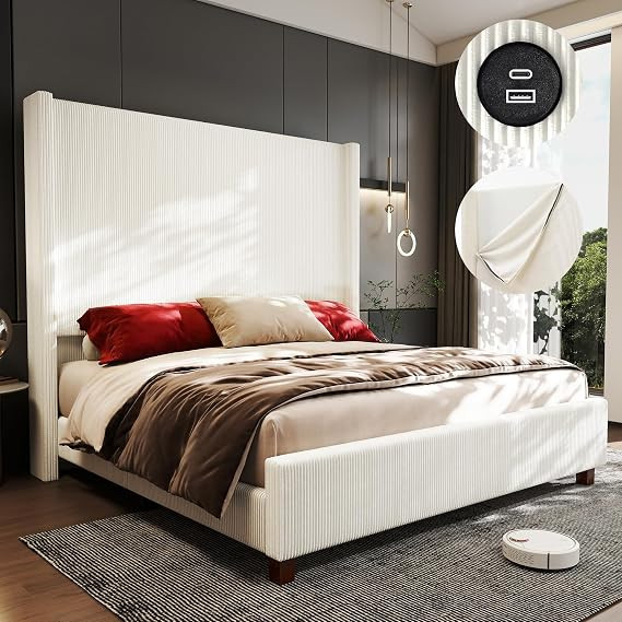 King Size 65.2" Upholstered Bed Frame with USB Charging Station,Soft Washable Corduroy Cover with... | Amazon (US)