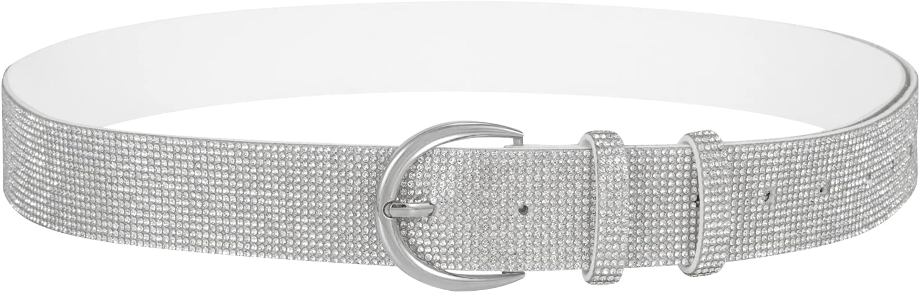 WERFORU Silver Bling Rhinestone Shiny Belt       
Material: Polyester | Amazon (US)