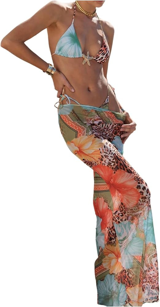 MakeMeChic Women's Bikini Sets Floral Print Halter Tie Back Swimsuit with Cover Up Skirt | Amazon (US)